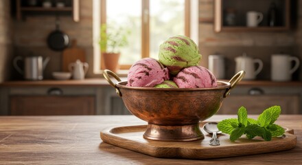 Colorful scoops of strawberry and mint ice cream served in a vintage bowl on a wooden table, with a cozy kitchen background and fresh mint leaves