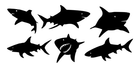 A series of black and white shark silhouettes. The sharks are all different sizes and are shown in various poses. Scene is one of excitement and adventure, as the sharks are depicted as powerfu