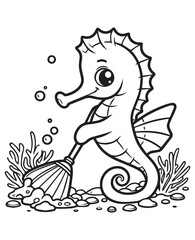 Coloring book seahorse sweeping the seabed with a small broom. A cute cleaning scene.