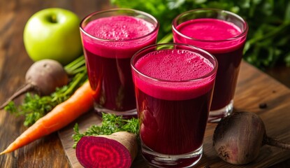 Fresh beetroot juice with apple and carrot. Three glasses of vibrant red juice, alongside fresh produce