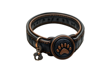 Stylish leather dog collar with a paw emblem and a metal tag shaped like a bone, isolated on a transparent background