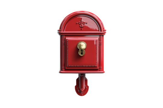 Traditional red mailbox featuring detailed borders, a large gold lock, and vintage appeal, isolated on a transparent background