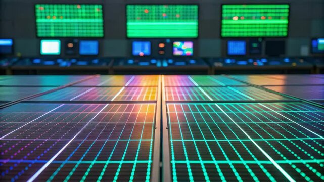 A vibrant view of solar panels with colorful displays in the background, showcasing advanced technology and renewable energy innovation.