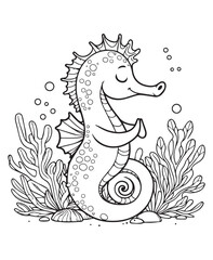 Coloring book seahorse meditating underwater with closed eyes