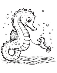 Coloring book seahorse with a baby seahorse. A charming underwater scene