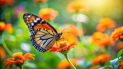 Obraz premium Delicate butterfly perched on a vibrant orange flower, its wings fluttering gently in the breeze, set against a soft focus background of green leaves and stems , garden, colorful flowers