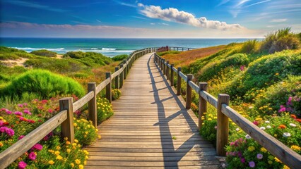 Obraz premium A serene wooden walkway lined with lush greenery and colorful flowers under a bright sunny sky in Peniche Portugal