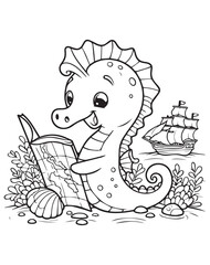 Coloring book kawaii seahorse reading a treasure map near a sailing ship.
