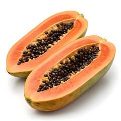 A realistic papaya cut lengthwise in half, exposing its vibrant orange flesh and black seeds.