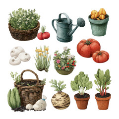 Fresh Produce and Gardening Tools Illustration Featuring Vegetables, Herbs, Pots, and Watering Can for Garden Enthusiasts and Nature Lovers