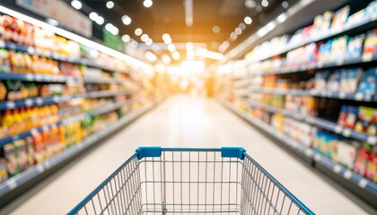 Shopping cart in supermarket aisle with blurry shelves of products in the background  © photostockatinat