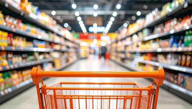 A shopping cart view down a supermarket aisle, filled with food products on shelves. The scene is vibrant, with products neatly arranged and cart as a focal point.