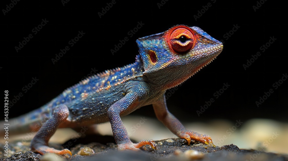 Poster A striking lizard displays its vivid colors while perched on rocks in a lush environment. Bright blue and red patterns catch the sunlight, highlighting its unique features