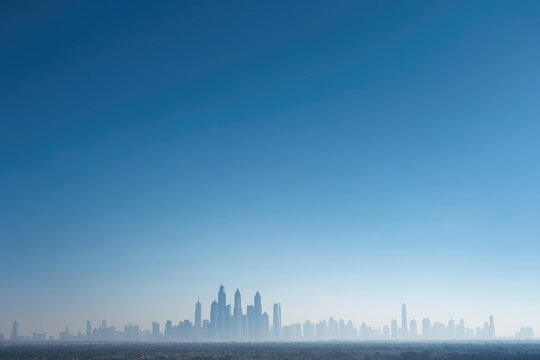 elevated view of dubai iconic skyline contrasted against minimalist blue sky