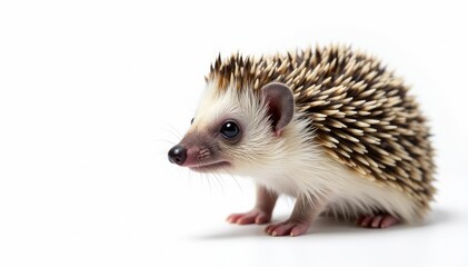 Close-up of a hedgehog, facing forward, on white, small, mammal photography