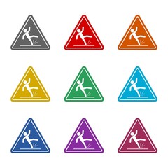 Caution wet floor icon isolated on white background. Set icons colorful