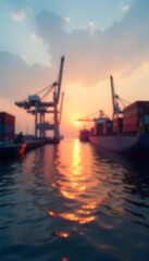 Fototapeta premium Generative AI Ocean sunset reflections on shipping port cranes blurred view