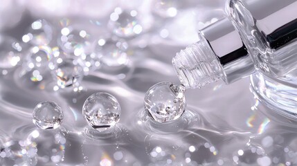 Clear Serum Dropper with Shiny Water Drops on Reflective Surface