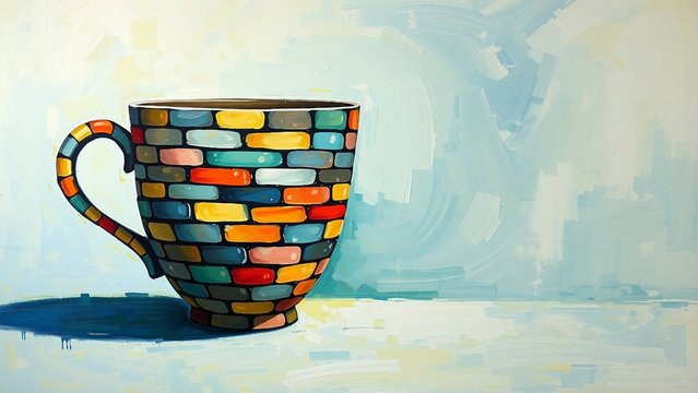 Gro&szlig;e Tasse im Mosaikstil aus bunten Ziegelsteinen als expressionistisches Kunstwerk mit surrealem Hintergrund &ndash; perfekt f&uuml;r modernes Design.