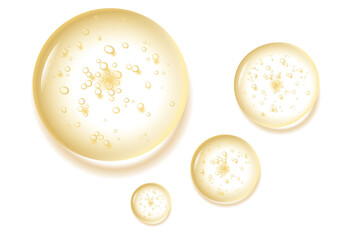 Serum gel texture isolated on transparent background. Gold serum drop. Realistic Liquid gel with bubbles.
