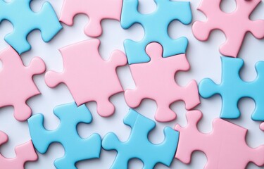 Obraz premium Pink and blue jigsaw puzzle pieces scattered on a white surface