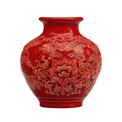 Ornate Red Ceramic Vase with Intricate Floral Relief Design Capturing Traditional Artistry and Craftsmanship for Home Decor and Artistic Displays