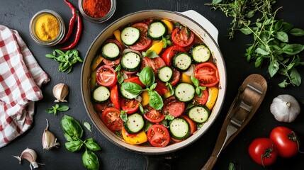 Fresh Colorful Vegetables in a Pan with Herbs and Spices Top View