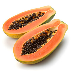 A realistic papaya cut lengthwise in half, exposing its vibrant orange flesh and black seeds.