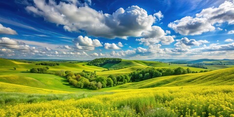 Fototapeta premium Rolling hills of lush green vegetation and bright yellow wildflowers under a clear blue sky with fluffy white clouds , spring