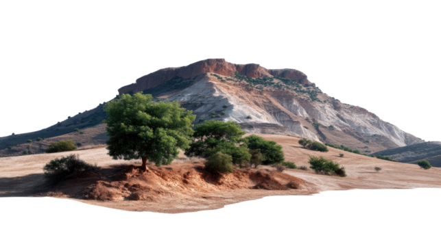 Serene Mountain Landscape: A majestic mountain range with rolling hills, a few sparse trees and the striking interplay of light and shadow evokes a sense of awe and the quiet beauty of the wilderness.