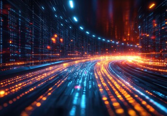 Fototapeta premium Futuristic digital tunnel of vibrant glowing lines and code.