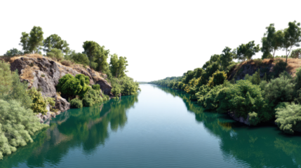 River's Embrace: A tranquil river flows gracefully between lush green banks, reflecting the clear sky above and creating a scene of serene natural beauty.
