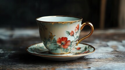 Elegant vintage teacup with delicate floral design and gold accents on wooden table red art home dish