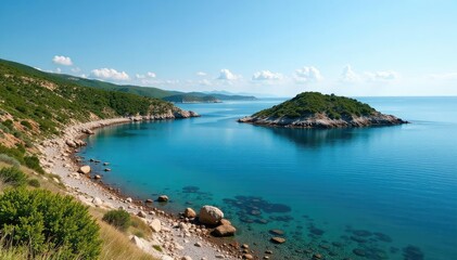Fototapeta premium Irregular shaped lake with rocky shoreline and scattered islands, beautiful, winter