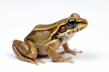 Obraz premium Small brown frog, side profile, against pure white, small amphibian, frog profile, closeup