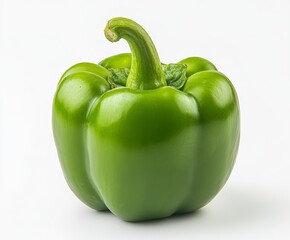 Single vibrant green bell pepper, whole, studio shot, isolated on white background.  Fresh, ripe, and healthy