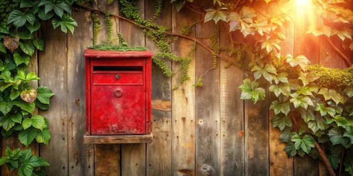 A small, old red postbox mounted on a wooden wall with cracks and worn-out paint, surrounded by natural foliage and sunlight filtering through the window, rustic, nature