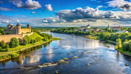 Fototapeta premium View from Narva in Estonia over the border river Narva and the Russian border to Ivangorod Russia summer sky, borderlands , russian border