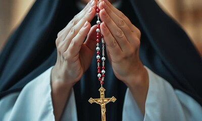 Close-up of nun hands holding rosary with crucifix in prayer gesture against dark blurred background. Concept of faith and devotion