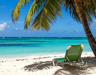 A Dominican beach chair under a palm tree with a view of turquoise waters.