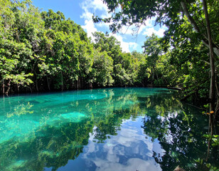 Fototapeta premium A shot of the crystal-clear waters of Dominican cenotes surrounded by lush greenery.