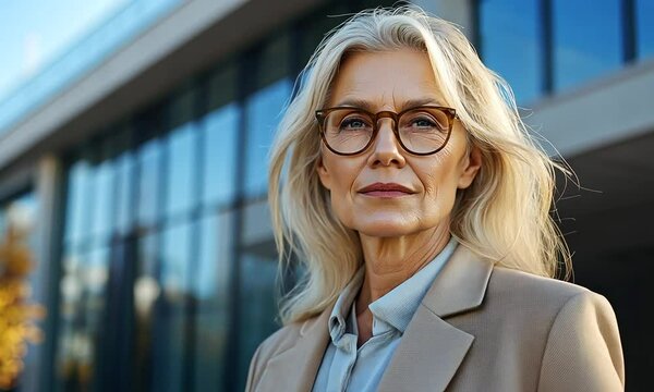 Mature blonde caucasian businesswoman in formal suit and glasses standing in front of glass building. Concept of leadership and corporate confidence