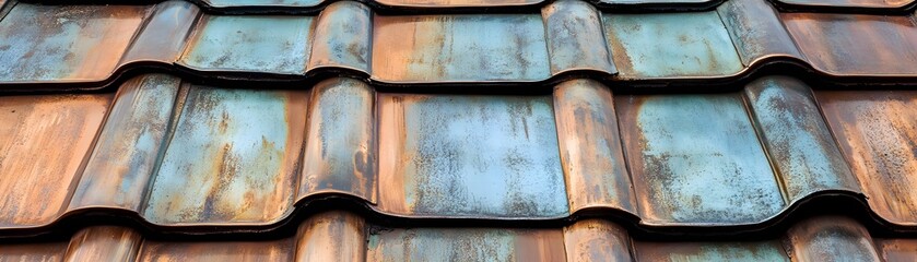 Close up of a roof covered in varied, patterned tiles.