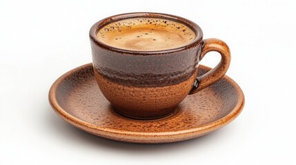 Fototapeta premium Warm coffee served in a handcrafted ceramic cup with a saucer on a plain background at a cozy café setting