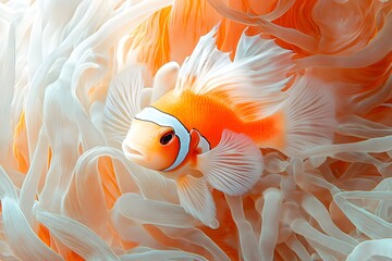 A clownfish swimming amongst the tentacles of a sea anemone in a coral reef environment underwater