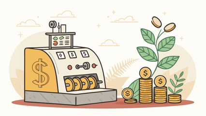 Naklejka premium Vintage Cash Register With Growing Plants And Coins For Financial Growth Concept