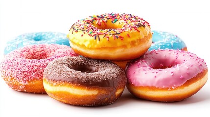 Obraz premium Colorful assortment of frosted donuts with sprinkles on a white background