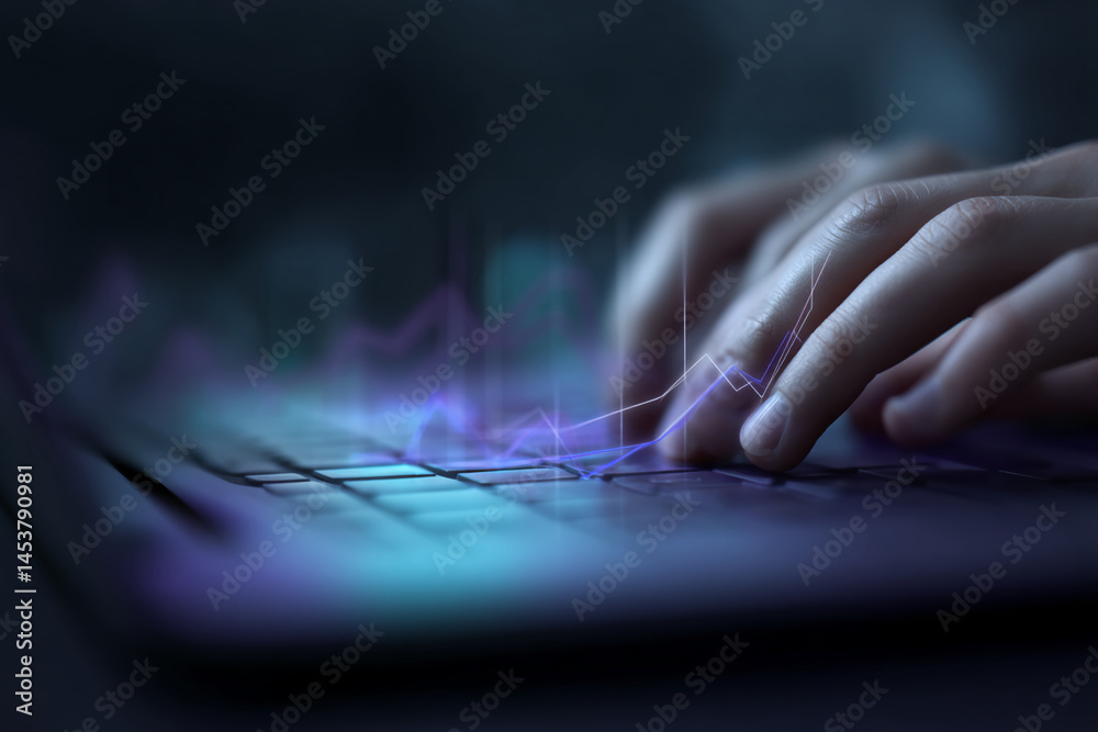 Wall mural close-up of hand typing on laptop keyboard, glowing lines suggesting data flow, representing digital