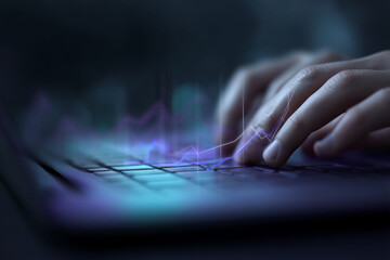 Close-up of hand typing on laptop keyboard, glowing lines suggesting data flow, representing digital interaction, technological progress, and online activity