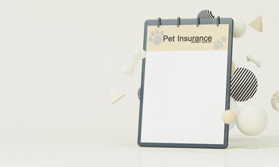 Soft pastel pet insurance theme with floating 3D elements, minimal clipboard, and calm layout for safe, gentle care. 3d rendering.